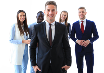 Happy smart business man with team mates on a transparent background