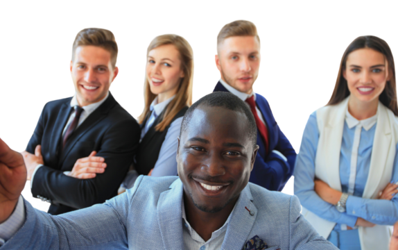 People taking selfie at business meeting on a transparent background - Powered by Adobe