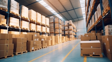 Warehouse smart logistics rows tall shelves full boxes products, Huge distribution warehouse, industrial companies, global network distribution transportation, Innovation future transport, Image blur