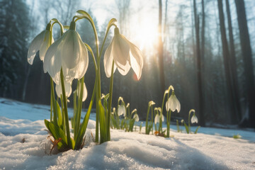 Nature lighting of spring landscape with first snowdrops flowers on snow in the sunshine and beautiful forest. Life or nature botanical concept. - obrazy, fototapety, plakaty