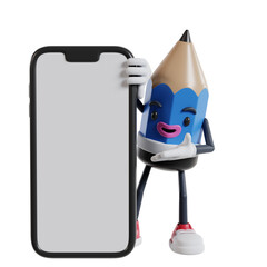 3d cartoon pencil character peeking from behind a big mobile phone and showing what's on the screen by hand, 3d illustration of cartoon pencil character