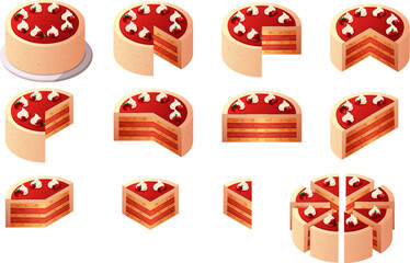 Cake parts. Isometric pie slices constructor, cartoon whole cakes cut on piece with creamy topping, pies fractions sliced pastry food, bakery desserts garish vector illustration © ssstocker