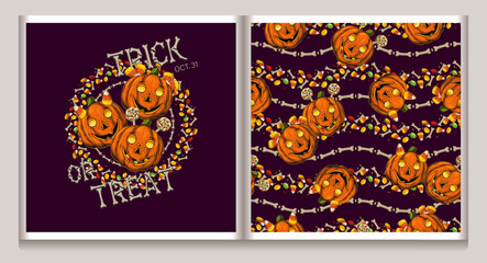 Halloween pattern, label with pumpkin heads like happy kids, traditional sweets, candy on dark background. Vintage illustration. Good for package, wrapping paper, holiday decoration.