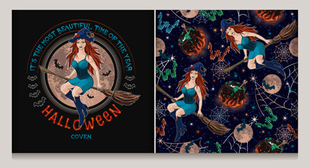 Halloween pattern, label with young beautiful redhead witch flying on broom, silhouette of bats, full moon, cauldron with potion on fire, stars, spiderweb. Colorful illustration in vintage style.