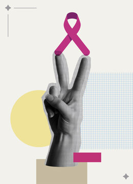 Breast cancer awareness pink ribbon and hand showing victory sign in collage design