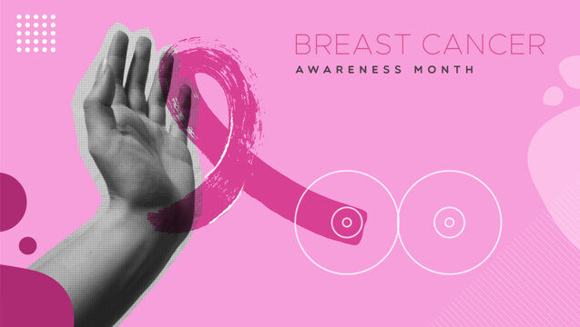 Breast cancer pink ribbon and hand gesture protect in collage illustration design