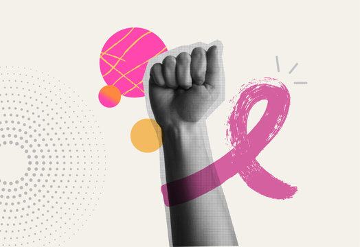 Breast cancer awareness pink ribbon and hand fist up retro collage illustration