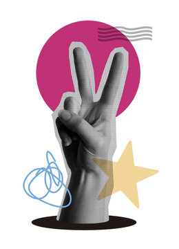 Hand showing victory sign in retro collage illustration design