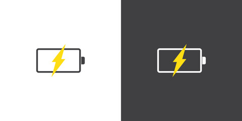 Battery icon flat. Battery charge level. Battery charging icon eith yellow lighning, Akku Aufladestatus leer bis voll Vektor Symbole.