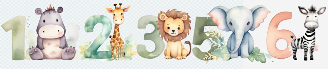 Watercolor set of numbers with cute safari animals. Set of numbers with cute baby animals. Educational numbers, kids anniversary, home or kindergarten decor cartoon vector illustration - obrazy, fototapety, plakaty