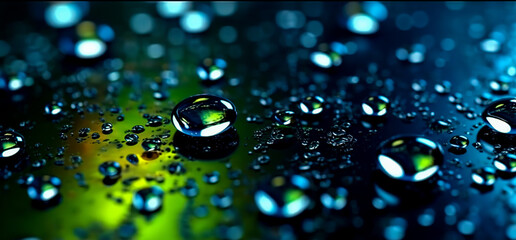 Abstract background with water drops on a glossy horizontal surface.