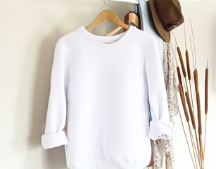 Mockup of white textile sweatshirt with hanging on a hanger , front view, with home design