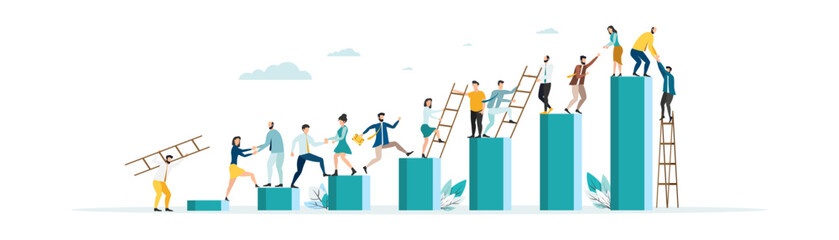 business mentor helps improve, holding stairs steps, mentorship, upskills, climb help, self development strategy flat.