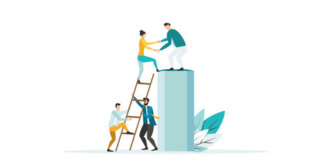business mentor helps improve, holding stairs steps, mentorship, upskills, climb help, self development strategy flat.