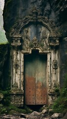 Fototapeta na wymiar Ancient antique doors in a gorge, fantasy landscape. Generation AI