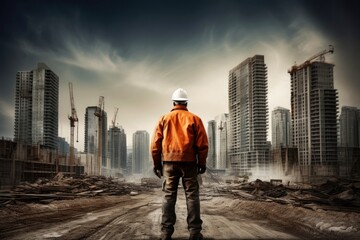 Engineering wearing hardhat with blurred site construction building background