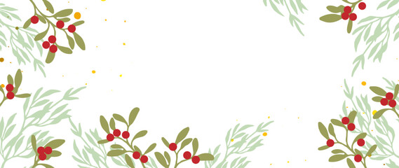 Winter art background vector illustration. Hand painted mistletoe, decorative frame of winter leaves, berries, holly, laurel with gold line. Design for print, decoration, poster, wallpaper, banner.