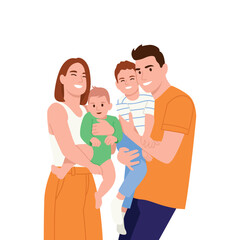 Happy family with two children, whom parents hold in their arms. Vector illustration mom, dad, sons