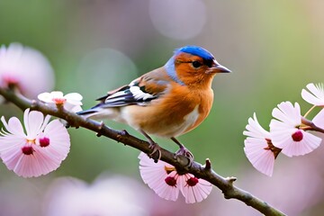Close up of a Chaffinch (Fringilla coelebs) bird sitting in a cherry tree in the spring season