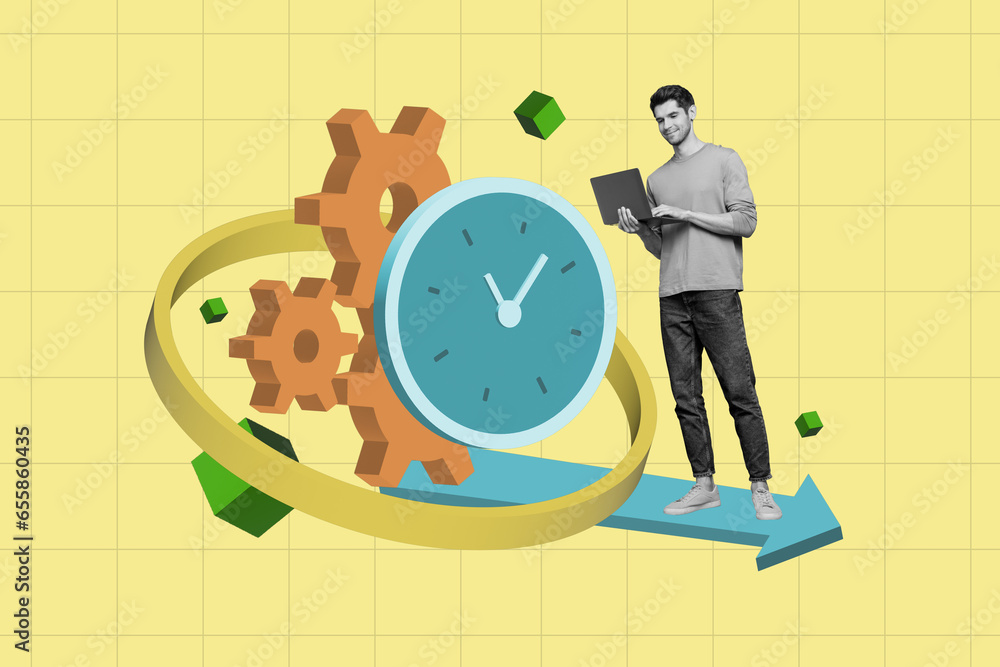 Poster Creative collage image of mini black white effect guy use netbook big clock watch cogwheel gear arrow pointer isolated on checkered beige background