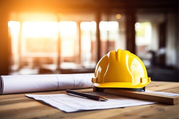 Helmet hard hat with blurred site construction building background