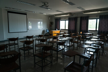 Empty modern classroom of a university without students and teachers. Education stock photo