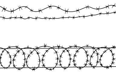 Barbed wire vector fence barb wire border chain. Prison line war barb background metal silhouette.