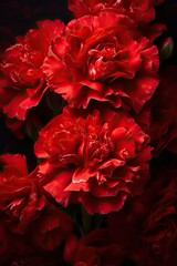 Close-up red carnations on a dark black background.