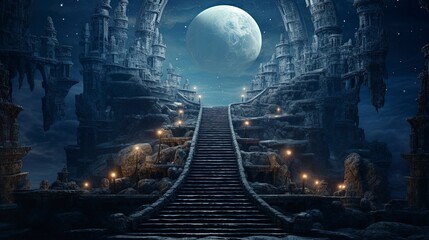 An ancient antique staircase rising upward, fantasy landscape, moon. Generation AI - obrazy, fototapety, plakaty