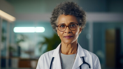 Afro-American professional female doctor with stethoscope. - obrazy, fototapety, plakaty