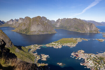 Hike to Reinebringen (via Sherpa steps) with a particularly great view of the Reine community and the Lofoten mountains. Lofoten, Nordland county, Norway

