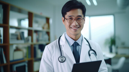 Asian doctor works in a modern clinic, in a private office, conducts an online consultation holding a tablet computer, reports good news, smiles at the camera, happy