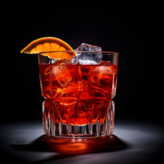 Negroni cocktail glass on black background