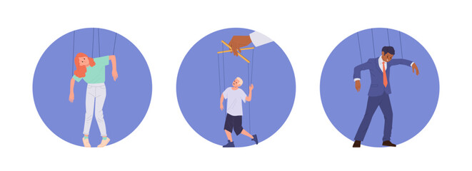Fototapeta premium Isolated set of round composition with different people marionette controlled by manipulator