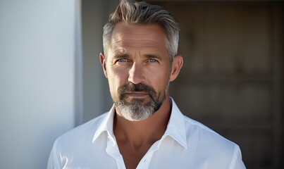 A mature man with gray hair and a white shirt - obrazy, fototapety, plakaty
