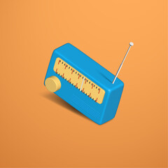 3D Classic Radio Vector Illustration on Orange Background