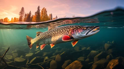 Foto op Plexiglas Large pike with big teeth, predatory fish, fishing hobby underwater in the lake.  © BlazingDesigns