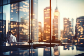 Businessmen blur in the workplace in office with computer in the background a city with skyscrapers