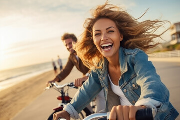 Joyful young caucasian couple riding bicycles together, on the seaside promenade