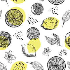 Graphic pattern with lemons, lemon slices with flowers. Seamless pattern with summer lemons, hand-drawn in ink. Yellow lemons seamless background
