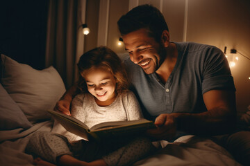 caucasian dad reading a book to his daughter before bedtime - obrazy, fototapety, plakaty