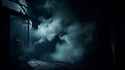 Dark gloomy old room with smoke, scary empty interior. Generation AI