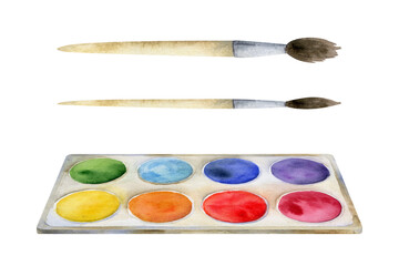 Watercolor hand drawn illustration, kids children painting materials supplies, color palette box, art pallet, brushes. Single object isolated on white. For school, kindergarten, shop, cards, website.