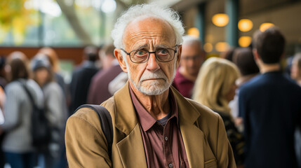 Engaging senior citizen skeptical at charity fair entrance.