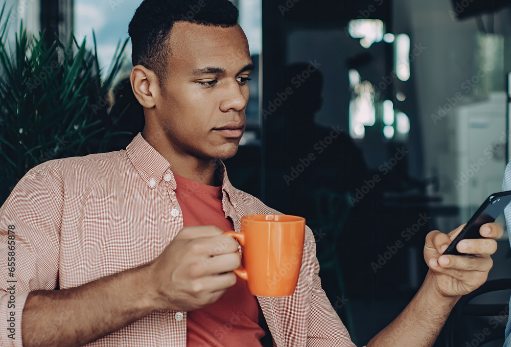 Aufkleber skilled programmer reading financial news on content website on cellular