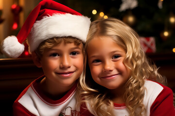 Fototapeta na wymiar Christmas smiling two beautiful children, a boy and a girl against the festive background. They are looking directly at the camera, close up