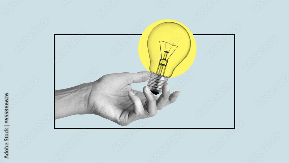 Poster collage with female hand and lightbulb expressing new idea. got an idea. creative imagination. moder