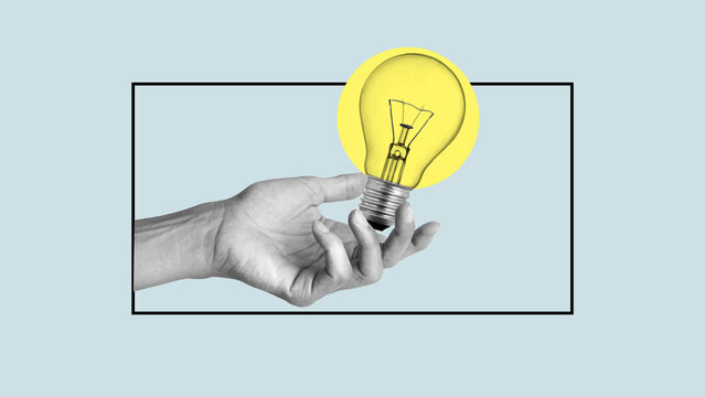 Collage with female hand and lightbulb expressing new idea. Got an idea. Creative imagination. Modern art with copy space for ad