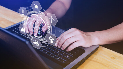 Using hand pressing with infographics Smart farming and precision agriculture with visual icon, Innovation technology for smart farm system, Agriculture management