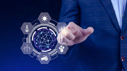 Using hand pressing with infographics Smart farming and precision agriculture with visual icon, Innovation technology for smart farm system, Agriculture management